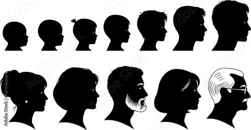 People all ages face portrait front view silhouette set collection. People different ages head and shoulders fornt view portrait avatar black silhouettes.