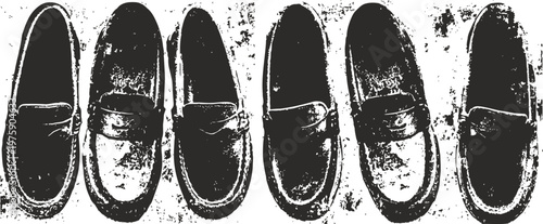 four pairs of vintage slip on shoes arranged in a row, rustic footwear design