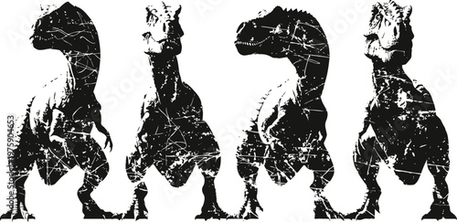 Abstract dinosaur silhouettes set, four standing prehistoric reptile forms, textured grunge black shapes for design