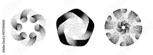 Grainy geometric shapes with magnetic field effect – swirling spiral, rounded pentagon abstract radial stipple shapes set.