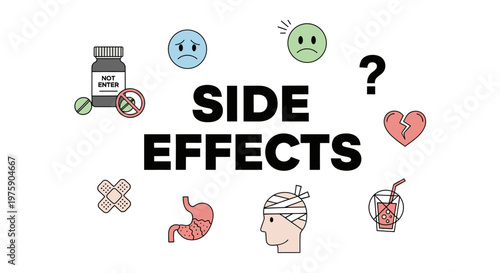 Medication side effects infographic with medical icons and emojis.