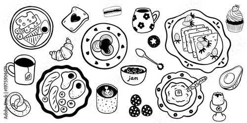 Hand drawn breakfast food desert vector set.Doodle illustration isolated on white background. Perfect for café and restaurant menus