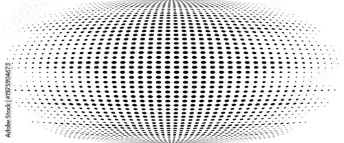 Abstract halftone sphere pattern with black fisheye dot gradient and monochromatic elliptical texture.