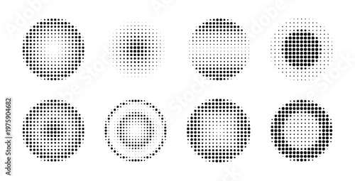 Halftone circular dot patterns set with gradient radial variations and abstract round textures.