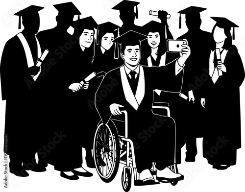 Graduated disabled man in wheelchair taking selfie with friends silhouette isolated on white background flat vector illustration.
