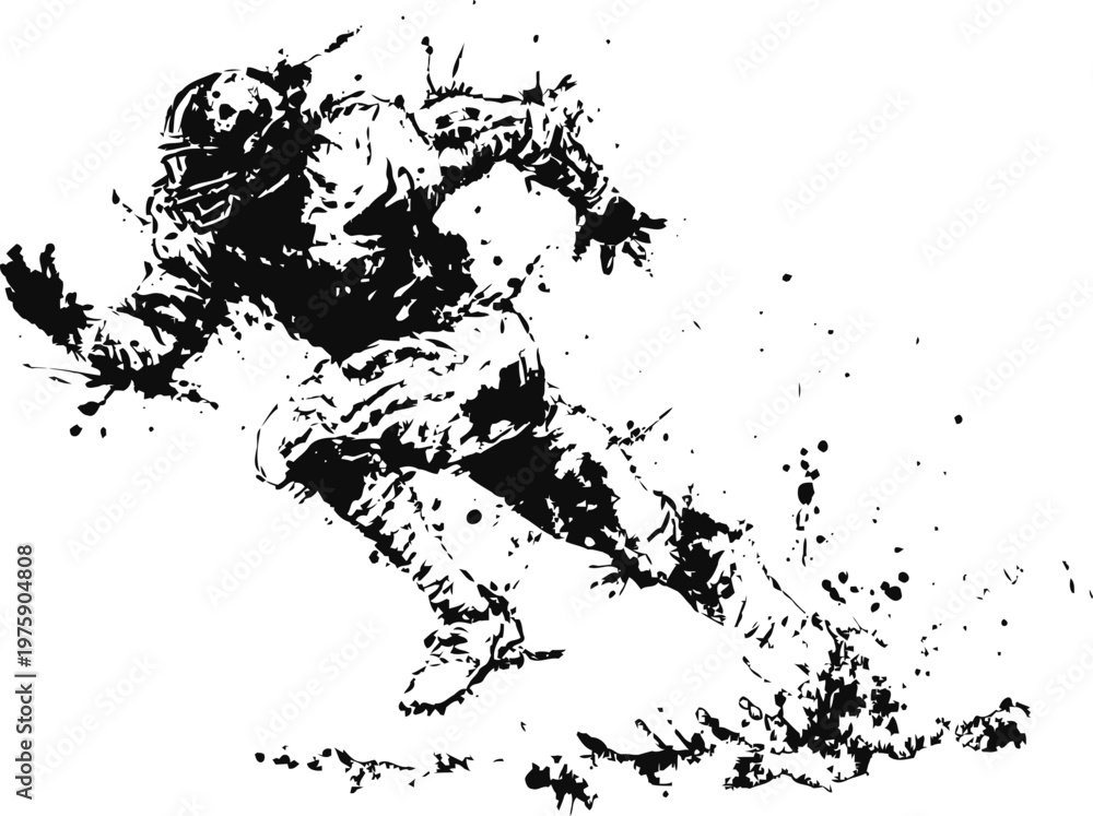 Obraz premium American football player running with helmet and protective gear, dynamic action splash ink illustration