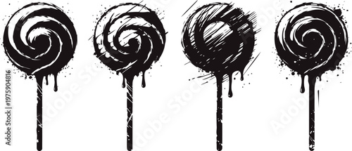 Black grunge swirled lollipop silhouettes with dripping paint effect set on white background