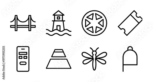 Minimalist business and travel line icon set with office and utility symbols.