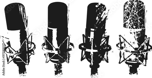 vintage ribbon microphone silhouettes in black and white isolated set with detailed wireframe stands