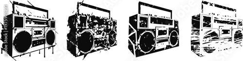 Black and white silhouette of vintage boombox music players in grunge design