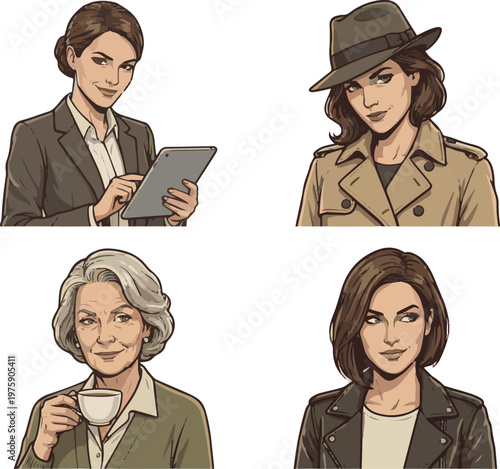 Isolated a realistic kinds of deferent cunning woman vector art with white background..