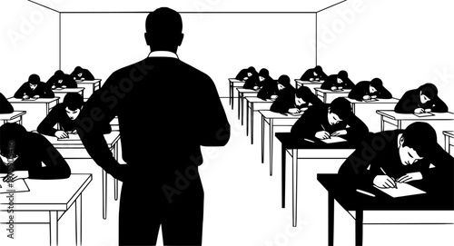 Silhouette of teacher or supervisor monitoring group of students during exam sitting at desks and writing in classroom, educational assessment concept. 