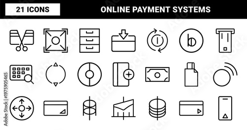 Minimalist banking and digital payment line icon set