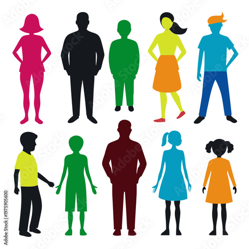 People Silhouette Collection Men Women and Children Colorful Vector Set