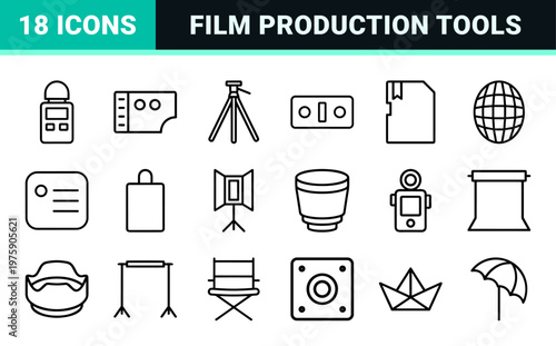 Photography and film production equipment minimalist outline icon set