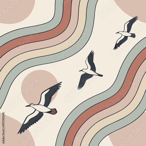 Abstract Wavy Lines Background with Flying Birds in Minimal Style