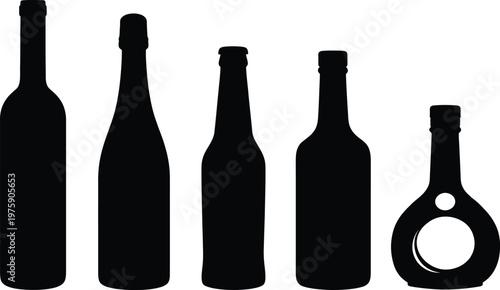 Set of Black silhouettes of alcohol bottles in various shapes, isolated on white background, graphic illustration. concept of beverage container, bar, 
