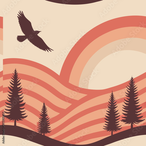  Retro Sunset Landscape with Flying Birds and Abstract Nature Waves