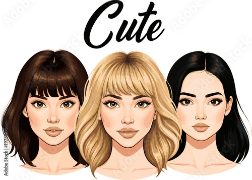 Isolated a realistic kinds of deferent Face type Cute above-the-brow bangs vector art with white background..