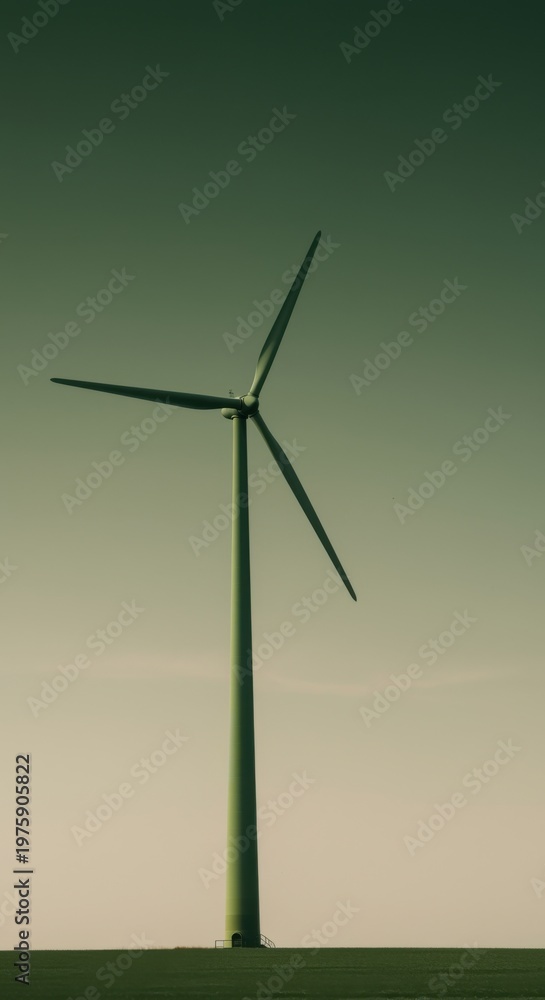 Fototapeta premium Slender green wind turbine standing in a vast open field against a soft gradient sky for a renewable energy sustainability report and corporate background with copy space