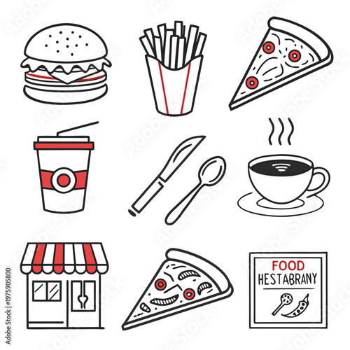 Fast Food Icon Set Burger Fries Coffee Pizza Restaurant Line Illustration