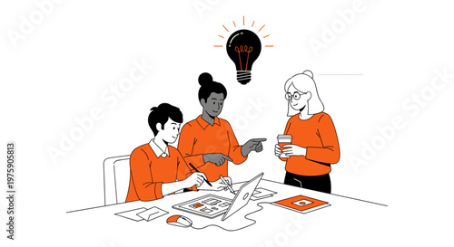 Diverse team brainstorming in orange shirts with lightbulb idea in minimalist line art for business and creativity