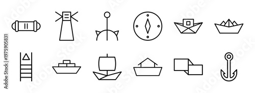 Minimalist maritime transport and ship outline icon set.