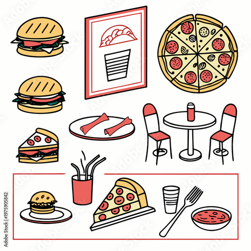 Fast Food Restaurant Elements Vector Set Burger Pizza Cafe Illustration
