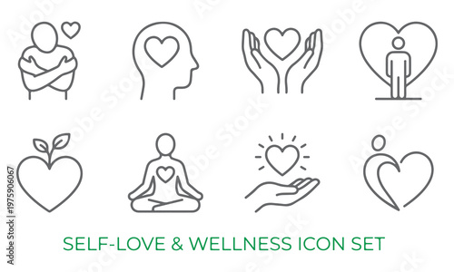 Set of self love and wellness icons with heart symbols