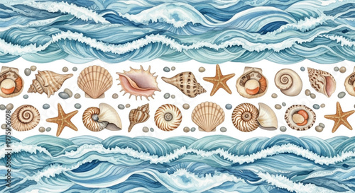 Watercolor ocean waves and seashell border seamless pattern coastal marine illustration
