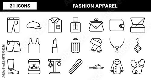 Minimalist fashion and clothing accessories outline icon set