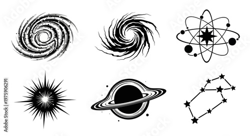 Cosmic Icons: Galaxy, Atom, Starburst, Black Hole, Constellation, Vortex