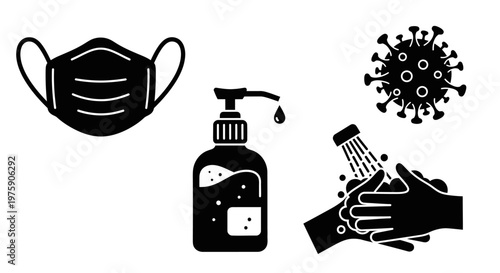 Covid-19 Prevention Icons: Mask, Hand Sanitizer, Handwashing, Virus