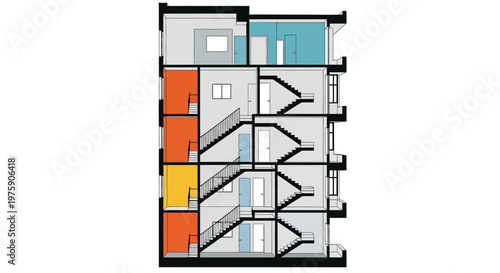 Cross Section Architectural Diagram of a Multi-Story Building with Colorful Interior Spaces