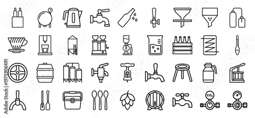 Professional brewing and coffee equipment minimalist line icons set.