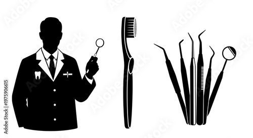 Dentist Silhouette with Tools and Toothbrush - Dental Care Concept