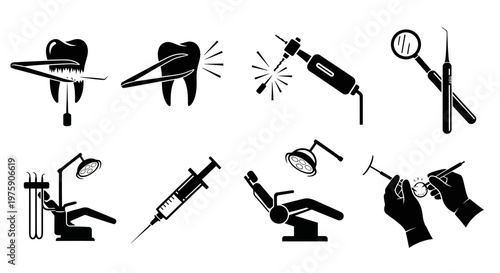 Dental Tools and Equipment Icons: Tooth Care, Surgery, and Patient Chair