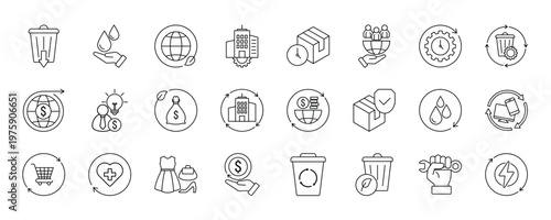 Circular economy icon set collection. Sustainable, Green Economy, Recycle Bin, Zero Waste and more. Simple color fill vector.
