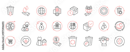 Circular economy icon set collection. Sustainable, Green Economy, Recycle Bin, Zero Waste and more. Simple color fill vector.