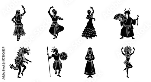 Diverse cultural dancers and mythical creature silhouettes in black and white