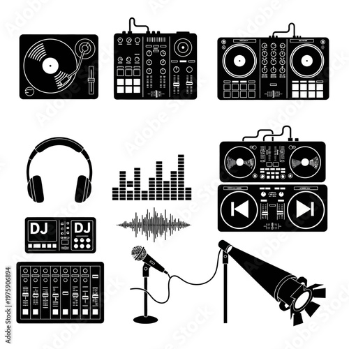 DJ Equipment Icons: Turntable, Mixer, Headphones, Microphone, Sound Wave, Spotlight