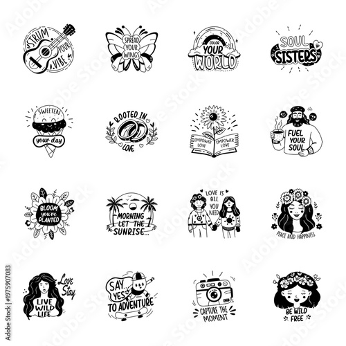 Trendy Glyph Stickers of Hippie Culture 

