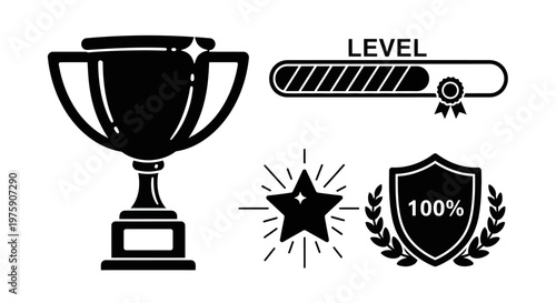 Gaming Achievement Icons: Trophy, Level Bar, Star, Shield 100% Success