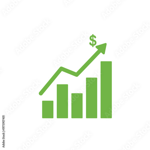 Green business growth chart with upward arrow and dollar sign, financial success concept