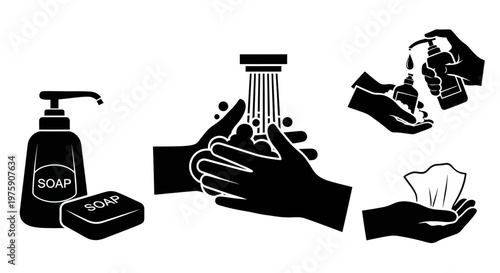 Hygiene Icons: Soap, Hand Washing, Sanitizer, Wipes - Cleanliness Concept