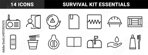 Disaster preparedness and survival kit outline icons