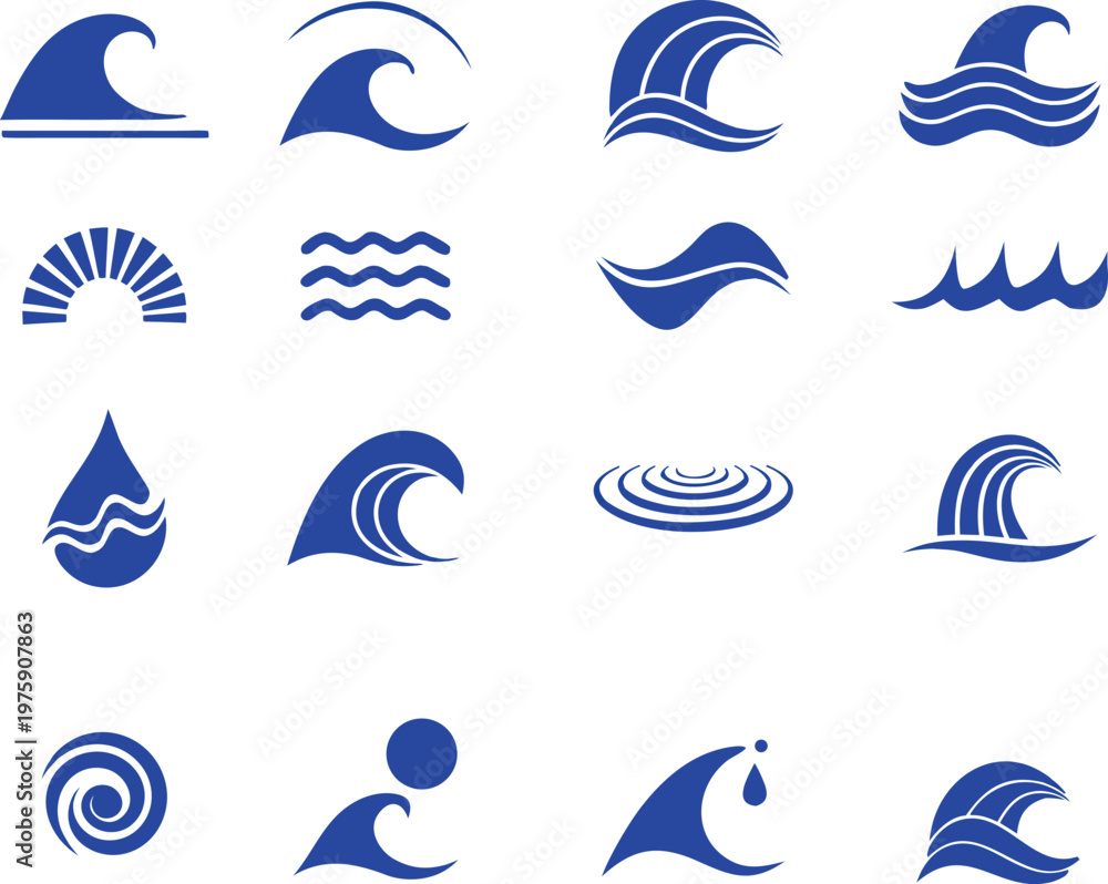 Naklejka premium Flat Style Water and Sea Wave Icon Set – Blue Liquid Shapes, Abstract Ocean Waves, Modern Vector Collection
