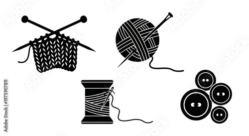 Knitting, Sewing, and Crafting Icons: Yarn, Needles, Spool, and Buttons