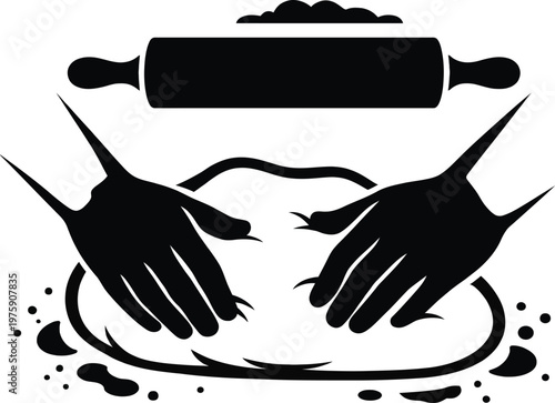 Chef man kneading dough on a table for bakery, cooking, and food preparation. Monochrome vector icon illustration