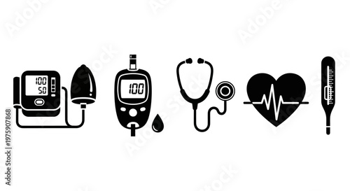 Medical Icons: Blood Pressure Monitor, Stethoscope, Glucose Meter, Heartbeat, Thermometer
